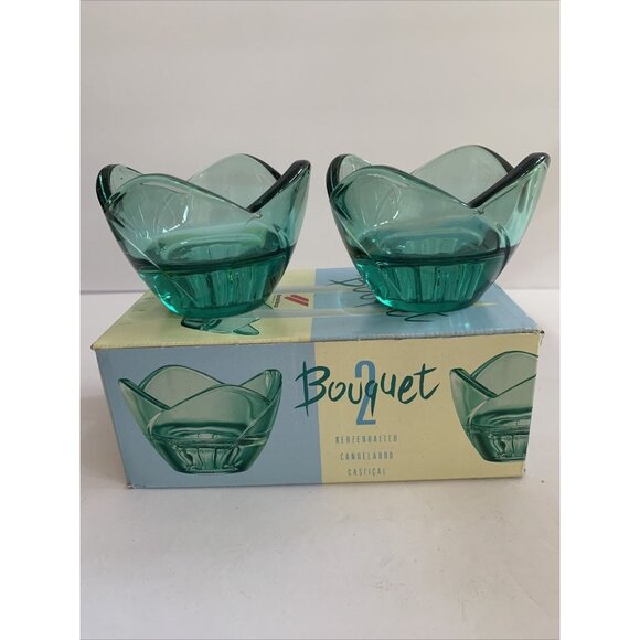 Bormioli Rocco Bouquet 2 Green Glass Candle Stick Holders New Italy - Picture 1 of 2